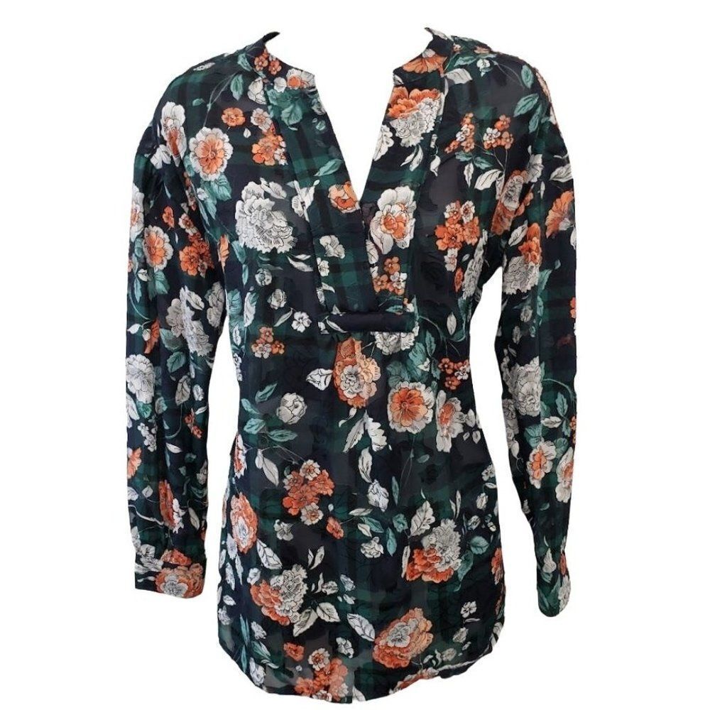 Tommy Hilfiger Navy Blue Floral Plaid Textured Long Sleeve Top Sz XS NEW